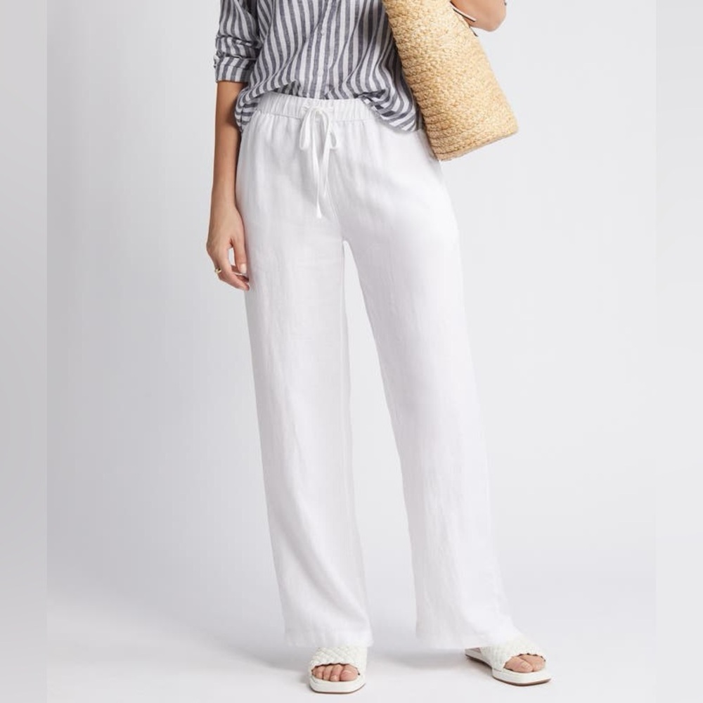 Caslon White Relaxed Linen Blend Drawstring Waist Pants Wide Leg Resortwear Sz M